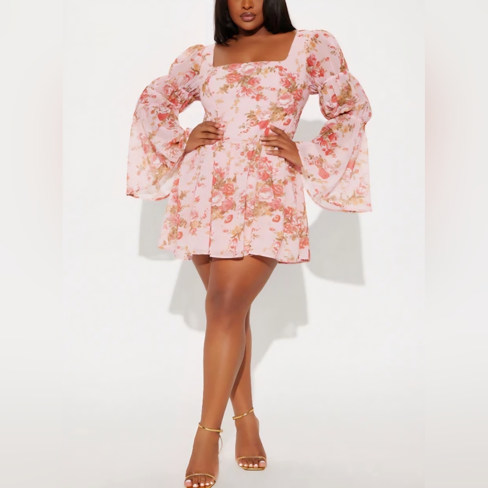 Fashion Nova Gloria Sz. 2X  Floral Chiffon Micro Mini Soft Pink Dress